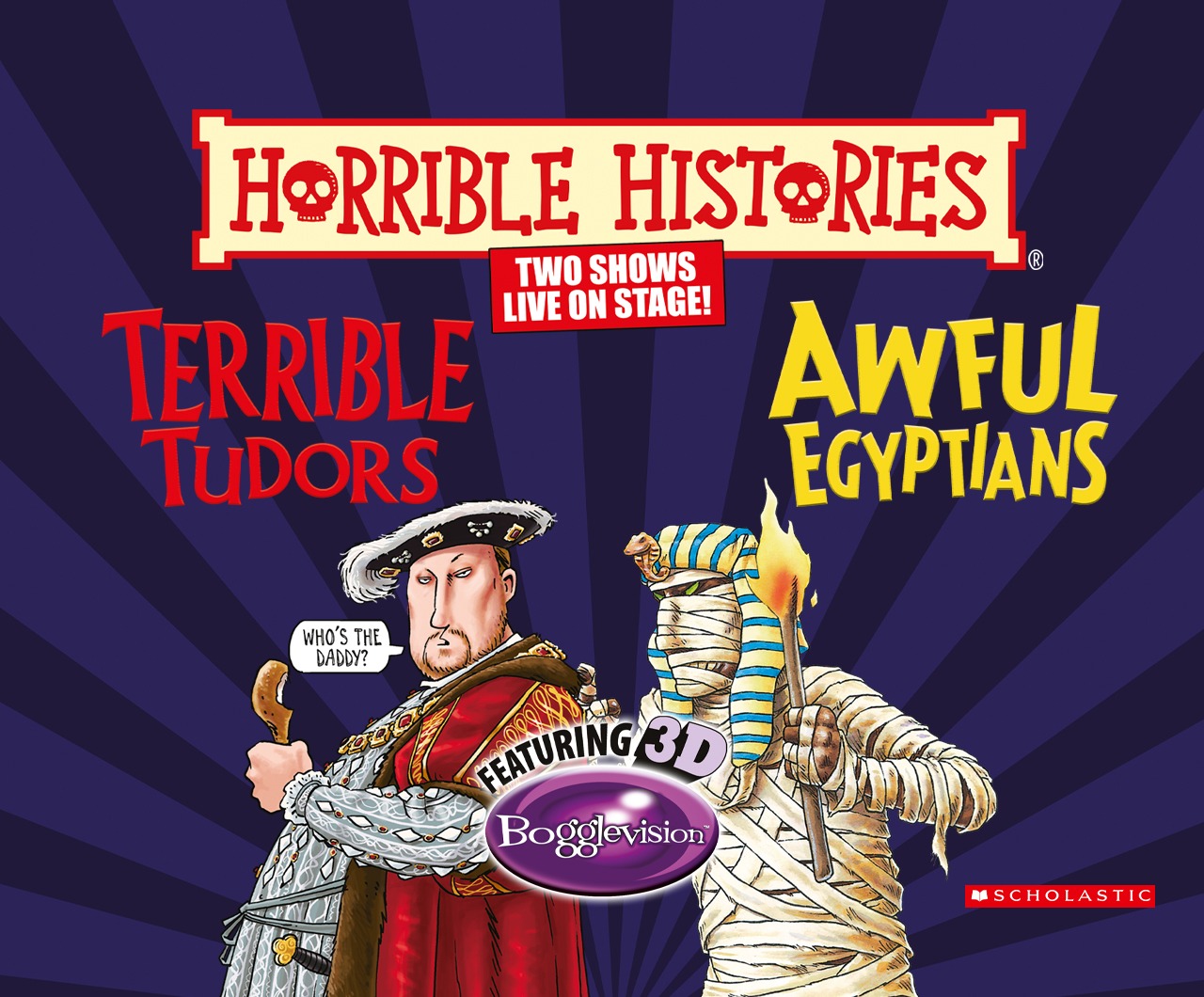 Horrible Historis logo with a cartoon drawing of Henry VIII and an Egyptian mummy